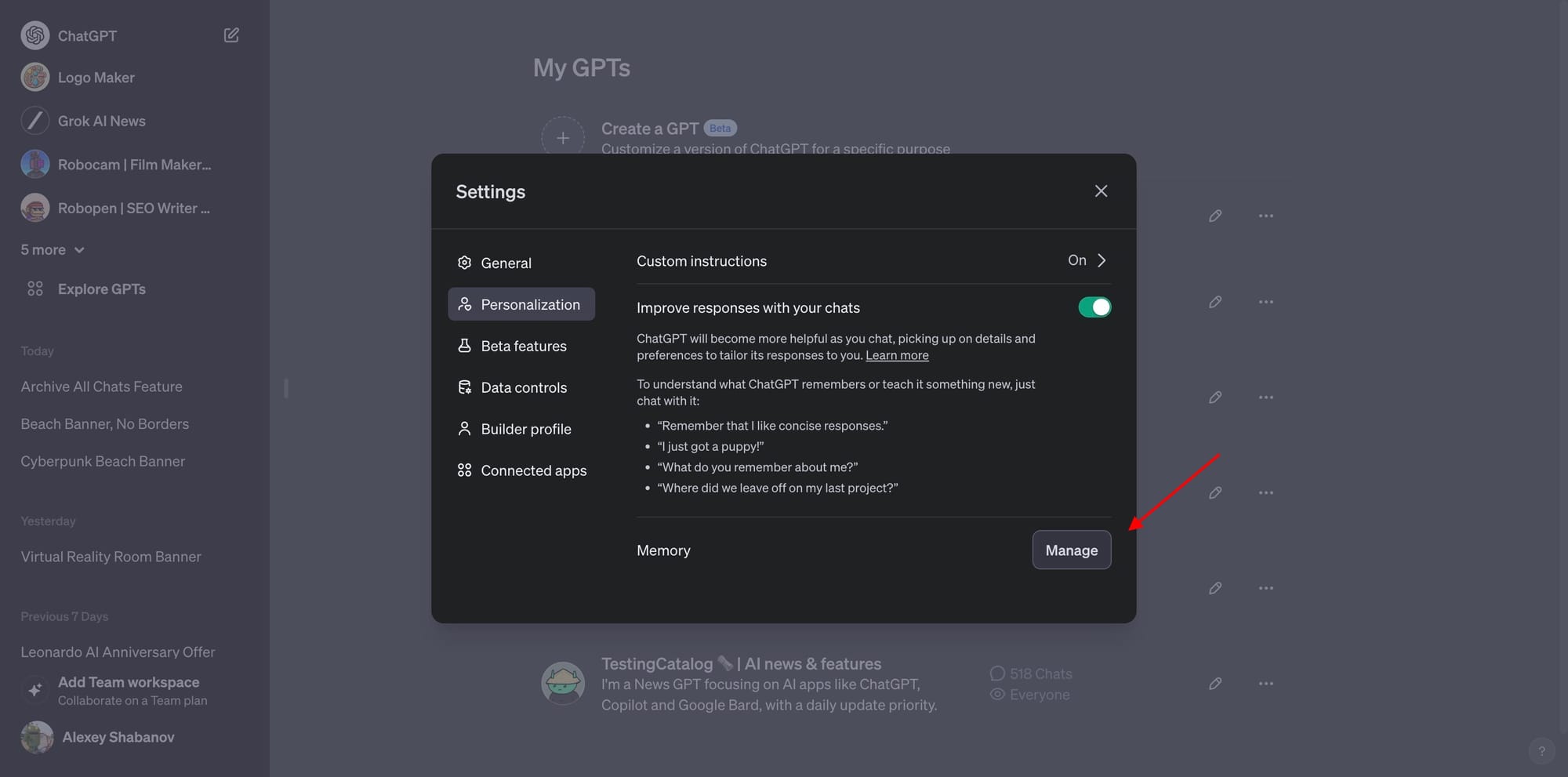 Settings > Personalization > Memory